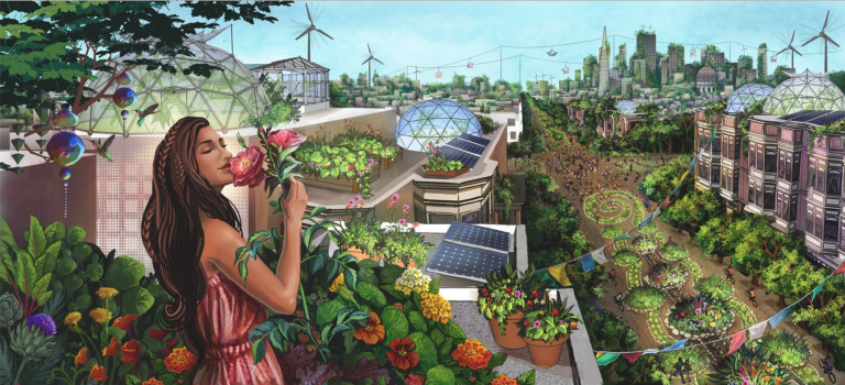 A young woman smells a flower while looking over a solarpunk landscape
